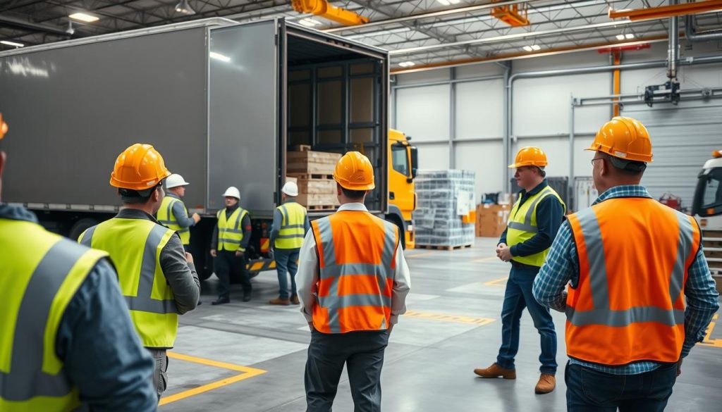 A brightly lit, industrial interior setting showcasing best practices for worker safety. In the foreground, several employees wearing high-visibility vests and hard hats are carefully loading and unloading goods from a large truck, guided by a Szkolenia BHP safety supervisor. The middle ground features a well-organized warehouse layout with clearly marked walkways and loading zones. In the background, the walls are adorned with informational safety posters and signage. The scene conveys a sense of diligence, order, and a commitment to Szkolenia BHP practices within this modern manufacturing facility.
