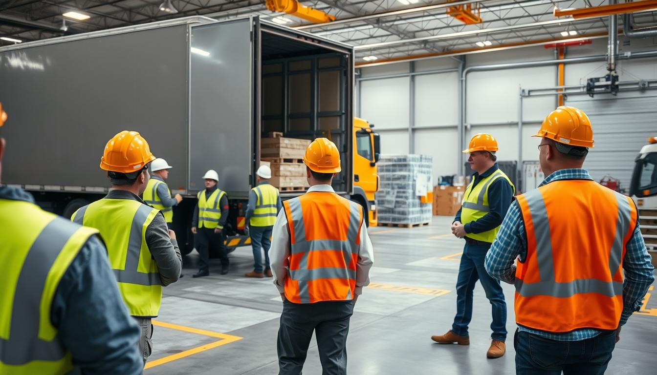 A brightly lit, industrial interior setting showcasing best practices for worker safety. In the foreground, several employees wearing high-visibility vests and hard hats are carefully loading and unloading goods from a large truck, guided by a Szkolenia BHP safety supervisor. The middle ground features a well-organized warehouse layout with clearly marked walkways and loading zones. In the background, the walls are adorned with informational safety posters and signage. The scene conveys a sense of diligence, order, and a commitment to Szkolenia BHP practices within this modern manufacturing facility.