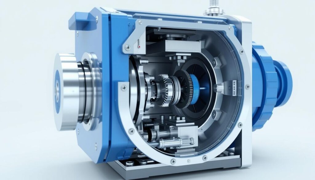 Animacja techniczna przedstawiająca przekrój maszyny przemysłowej w ruchu