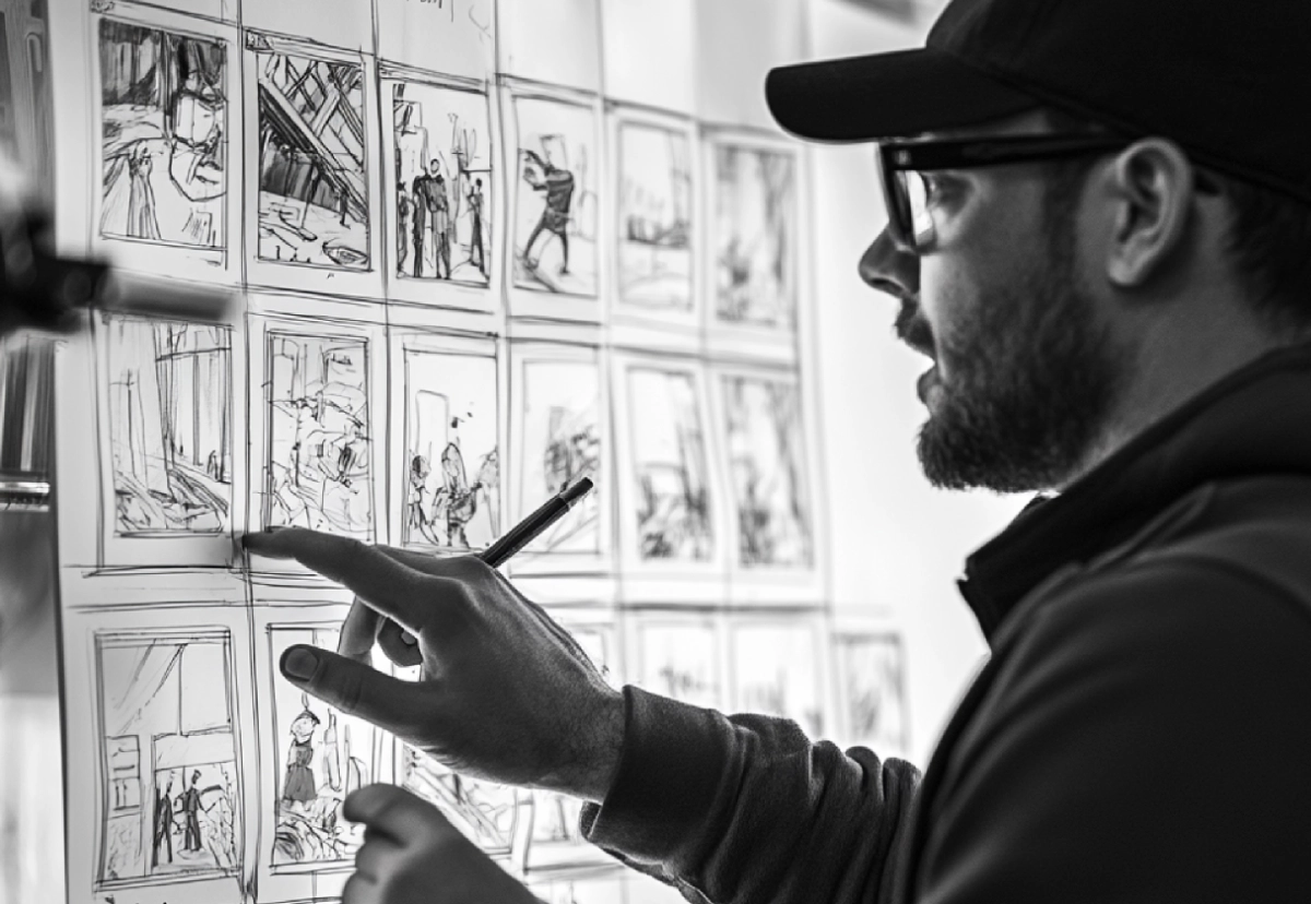 Na zdjęciu widoczna jest osoba pracująca nad storyboardem do animacji 2D. Na ścianie umieszczono liczne szkice przedstawiające kolejne kadry i sceny, które służą do planowania przebiegu animacji. Osoba wskazuje jeden z rysunków, trzymając w dłoni ołówek, analizując układ ujęć oraz sekwencję wydarzeń. Czarno-biała fotografia przedstawia etap projektowania i przygotowania animacji przed rozpoczęciem właściwej produkcji.